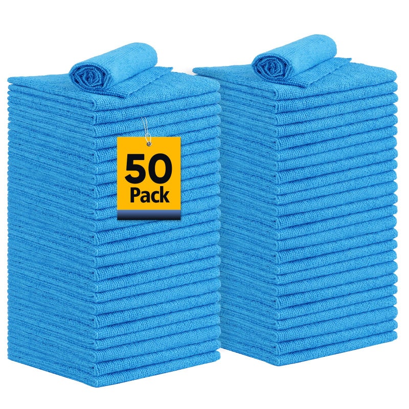UNIMADE Shop Towels Rags, 50 Pack Reusable Shop Rags Bulk Microfiber Cleaning Cloth Lint Free Cleaning Towels for Car Kitchen Automotive Bar Mechanic Restaurant Garage, 11.5""x 11.5"", Blue - Image 1